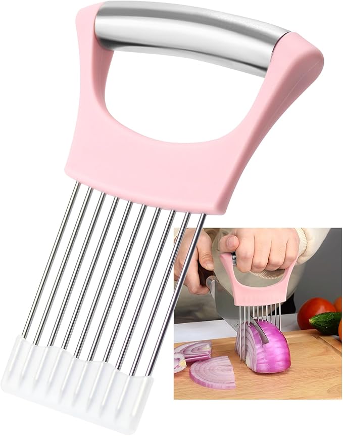 Rosafarbener Zwiebelhalter aus Edelstahl zum Schneiden Feedback.